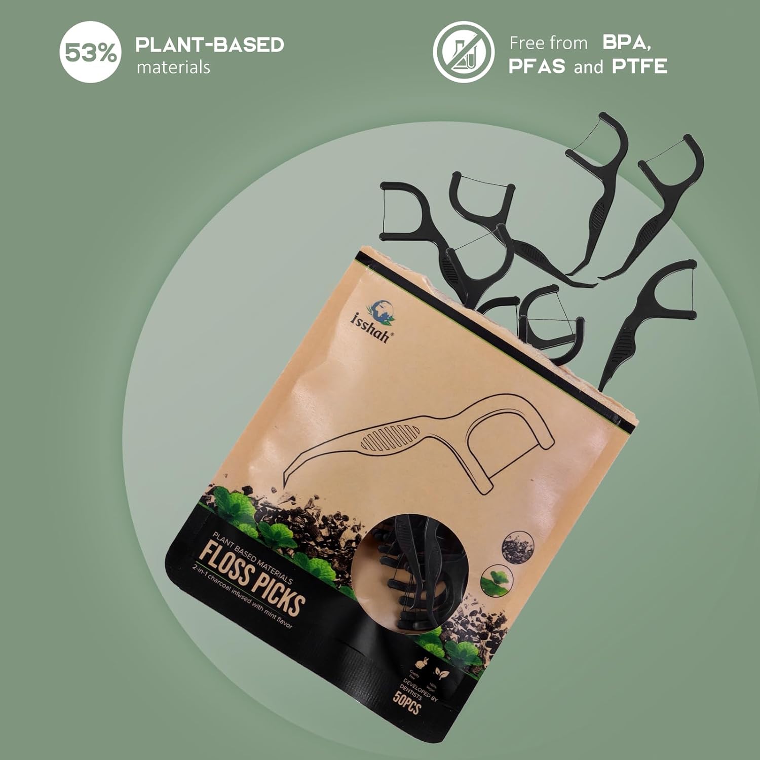 Floss Picks (300 Count) – Plant Based Dental Floss Picks for Superior Oral Care, Dental Hygiene, and Gum Health, Cruelty Free Tooth Floss Picks Single Thread (Charcoal)