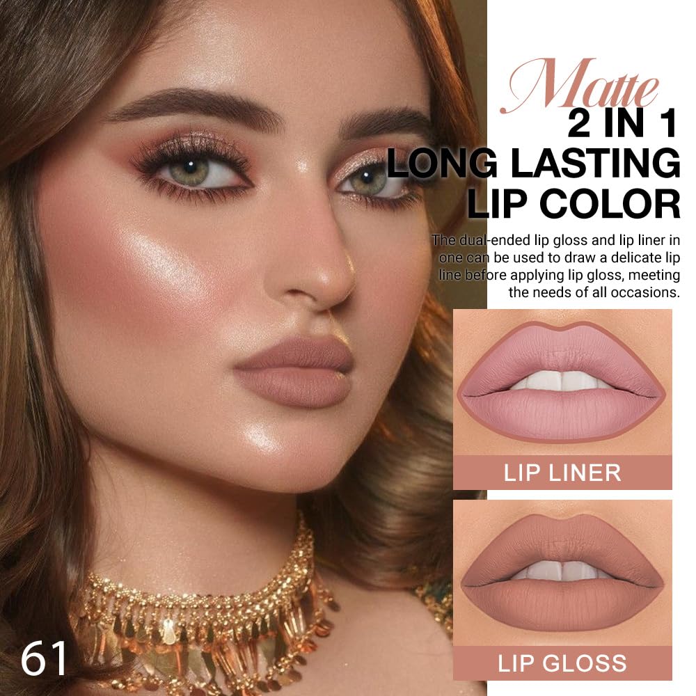 1Pcs 2 in 1 Nuetral Nude Matte Lip Liner and Liquid Lipstick Stain Makeup Set for women, Nuetral Nude Long Lasting Smudge Proof Lip Tint Matte Finish Lip Gloss for All-Day Color Hold Easy to Use 61#