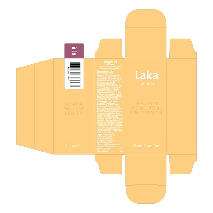Laka Fruity Glam Tint, 4.5g/0.15oz, Glowing Lip Stain with Wide Color Spectrum, Hydrating & Lightweight Texture, Long-Lasting Bold Stain, Non-Sticky, Vegan, K-Beauty (#102 Dewy)