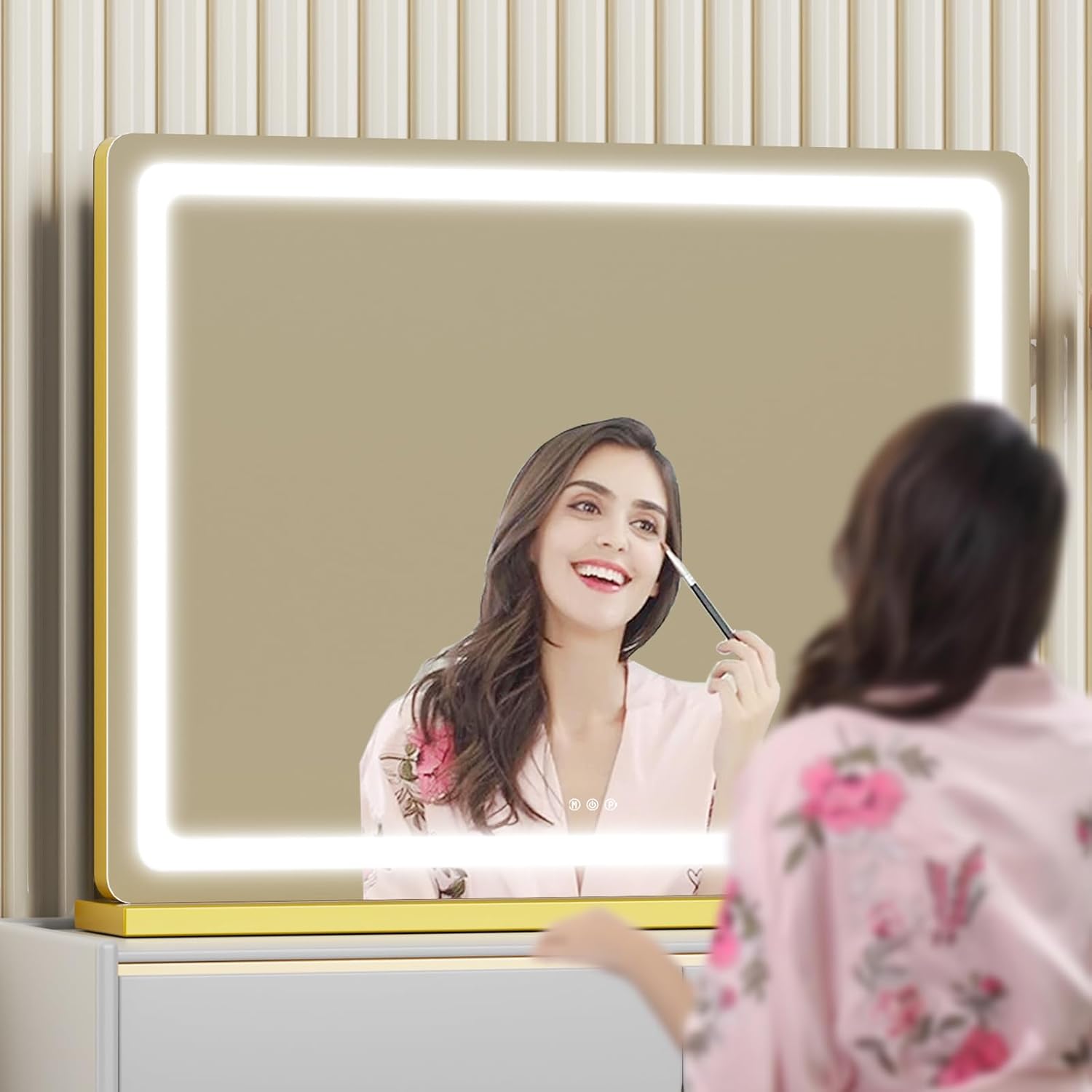 Makeup Vanity Mirror with USB Charging Port 19" L x 24" W LED Makeup Mirror, Desk Mirorr with Lights, Light up Mirror with 10X Magnification and, Dimmable 3 Modes, Touch Control Gold