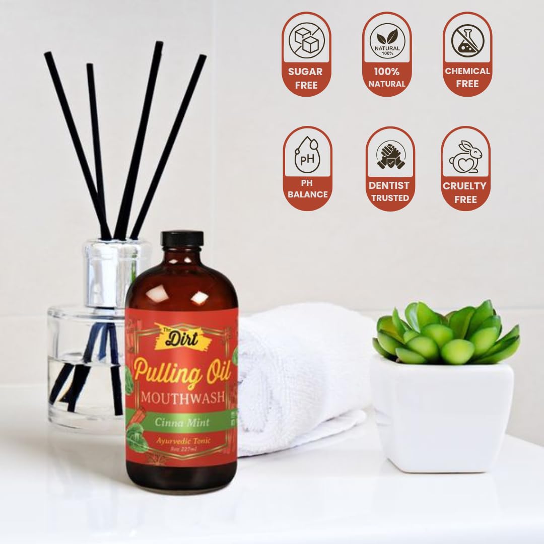 THE DIRT Oil Pulling Mouthwash - Gluten Free - Removes Plaque, Tartar, Bad Breath & Whitens Teeth (Cinna Mint, 8 Ounce)