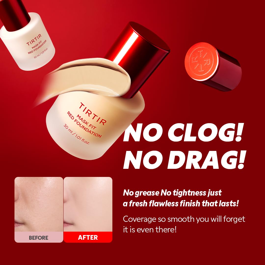 TIRTIR Mask Fit Red FoundationㅣLong Lasting Flawless Coverage, Energy Essence, Lightweight, Hydrating, Pore-Blurring, Breathable Satin Finish, Makeup, Radiant Skin, #21N Ivory, 1.01 Fl Oz