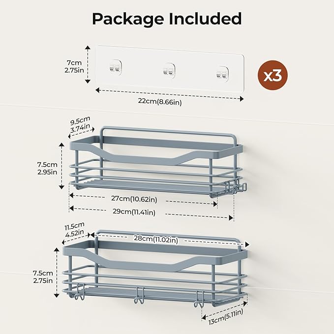 Orimade Shower Caddy Basket Shelf Storage Rack, No Drilling Wall Mounted Adhesive Rust Proof Stainless Steel Shower Organizer with 5 Hooks for Bathroom, Light Blue Grey 2 Pack