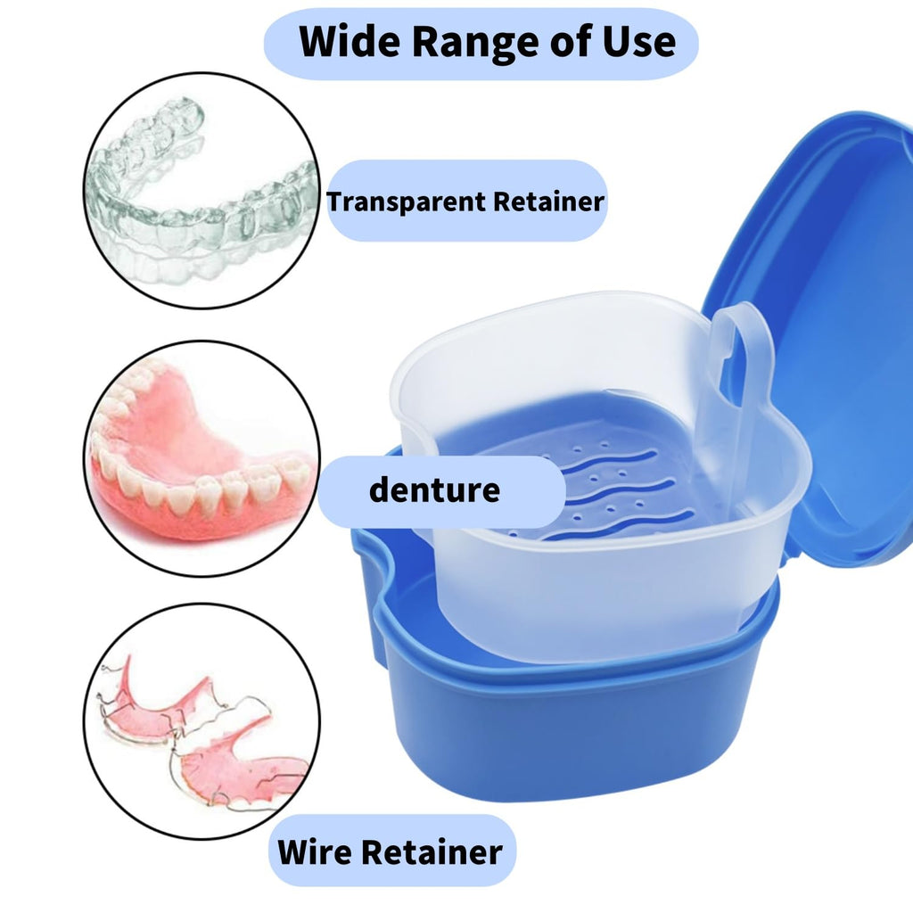 2pcs Denture Bath Retainer Case, Dentaure Cups for Soaking Dentures with Strainer Basket Tray,Compact and Pportable Design, Suitable for Traveling (White+Light Blue)
