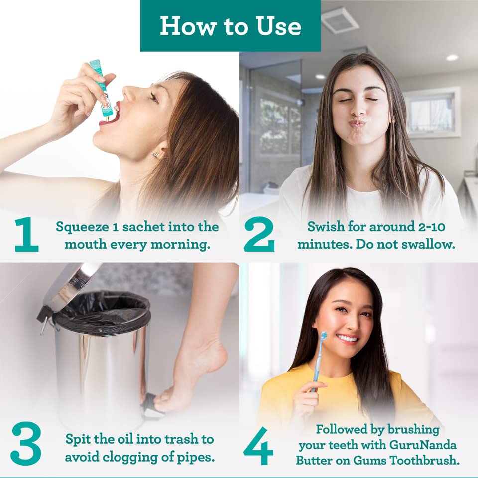 GuruNanda Travel Sachets Coconut Oil Pulling, Fresh Breath Mouthwash, 7 Essential Oils & Vitamins for Happy Teeth & Gums, with Tongue Scraper, 28 Sachets