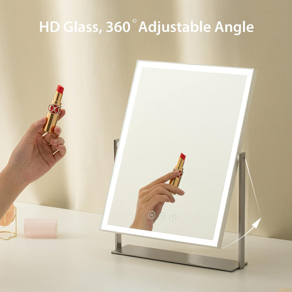 Rechargeable Vanity Mirror with Lights, Table Mirror with Stand, Makeup Mirror with 3 Colors and Brightness Adjustable, 3000mAh Battery, 14×10 Inch