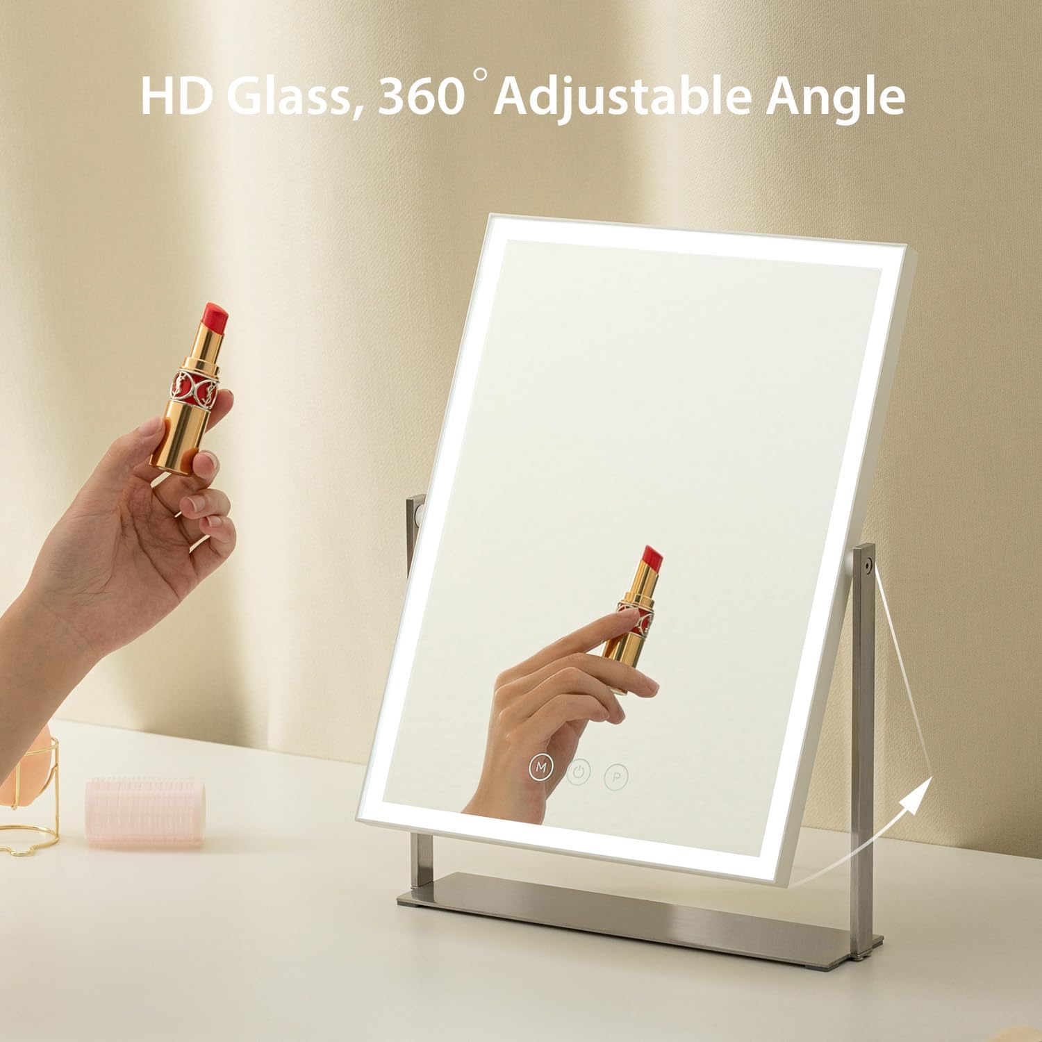Rechargeable Vanity Mirror with Lights, Table Mirror with Stand, Makeup Mirror with 3 Colors and Brightness Adjustable, 3000mAh Battery, 14×10 Inch