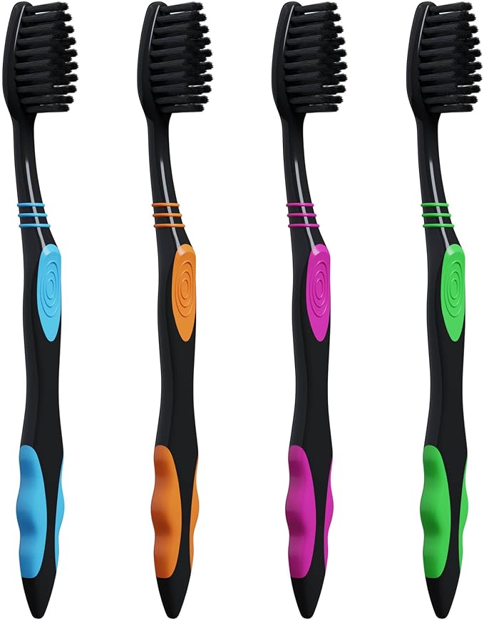 Charcoal Bulk Toothbrushes Individually Wrapped - Deep Clean Charcoal Infused Soft Bristle – Multi Colored Tooth Brush with Covers - for Travel, Kids, Family, Dental Care Etc. 100 Count