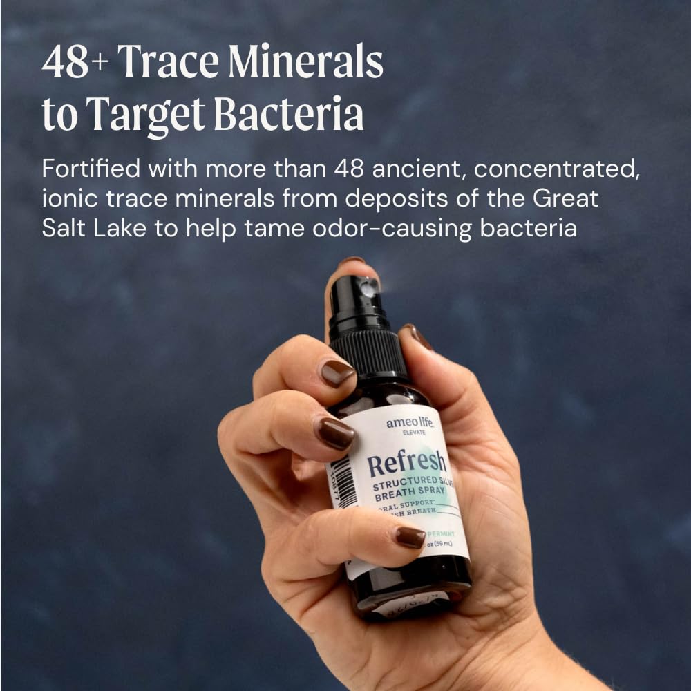 Ameo Life Natural Mint Mouth Spray with 10 ppm Colloidal Silver - Natural Breath Freshener & Dry Mouth Remedy with Xylitol - Portable Oral Care - Bad Breath Spray & Dry Mouth Relief - 2 oz