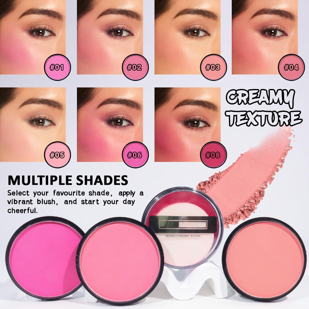 Natural Single Matte for Face Cheeks Blush with Makeup Powder Puff, Nude Skin Monochrome Blush Cream Powder Makeup Palette Blushes Long-lasting Color Blendable Foundation for Women Every Day 03