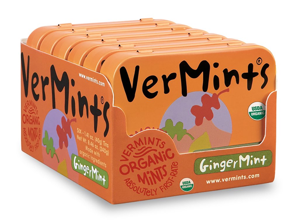 VerMints Organic Breath Mints GingerMint - Real Ginger Flavored Candies - Travel Size Tin - Non-GMO, Nut Free, Gluten Free, Vegan, Kosher Organic Candy Mints - 1.41oz Tins (Pack of 6)