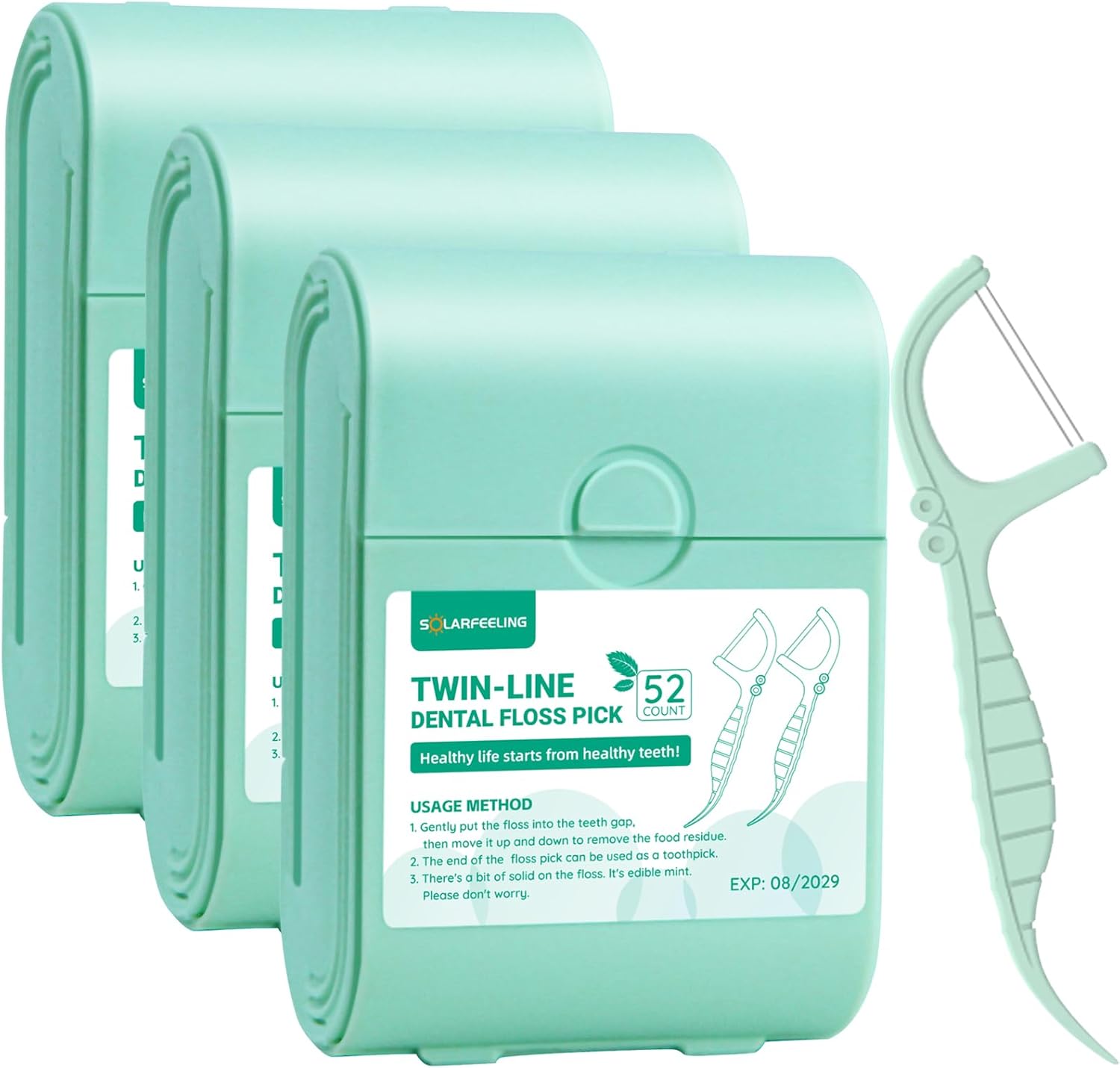 Travel Dental Floss Picks, 3 Cases with 156 Count Mint Flavor Twin-Line Dental Flosser, Portable Floss Case, Portable Floss Dispenser, Travel Floss Sticks for Adults (Green)