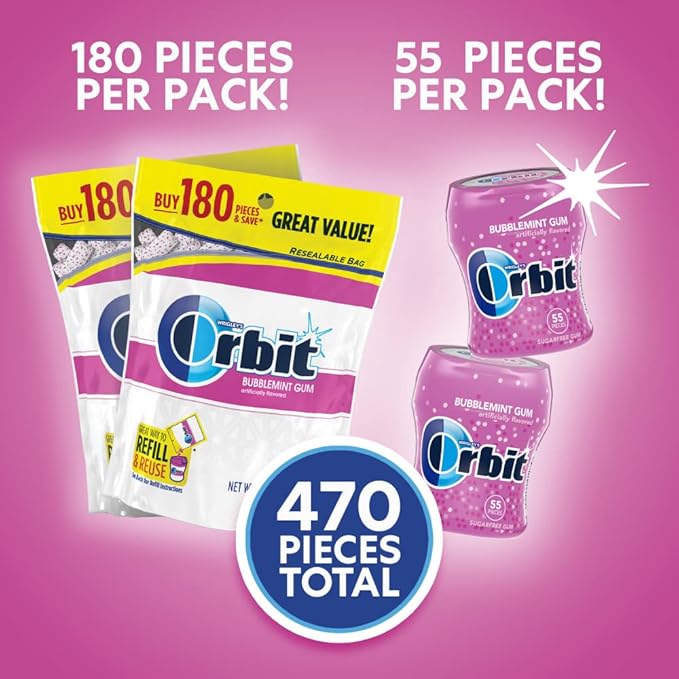 ORBIT Bubblemint Sugar-Free Chewing Gum Bulk Pack, 2 Bags - 180 Pieces & 2 Bottles - 55 Pieces Bubble Gum