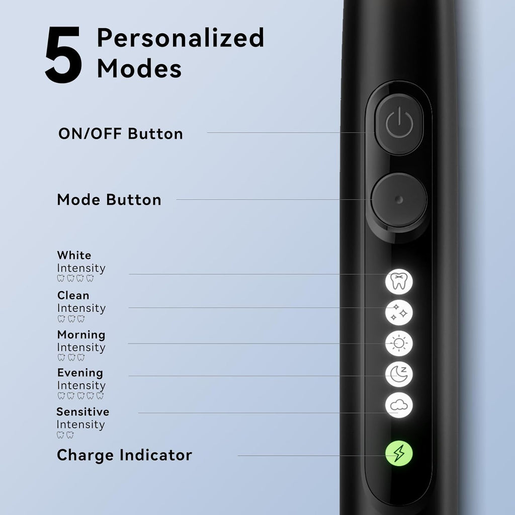 SEAGO Soft Round Electric Toothbrushes with 8 Spin Brush Heads, 5 Cleaning Modes, Rechargeable Sonic Toothbrush with Timer and Travel Case for Adults and Kids(SG-2607-Black