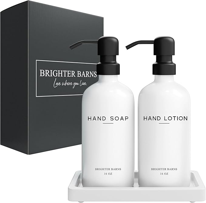 White Glass Soap and Lotion Dispenser Set with Tray by Brighter Barns - Hand Soap Dispenser Bathroom Set & Stainless Steel Pump for Home, Vacation Rental - Modern Bathroom Accessories & Decor (White)