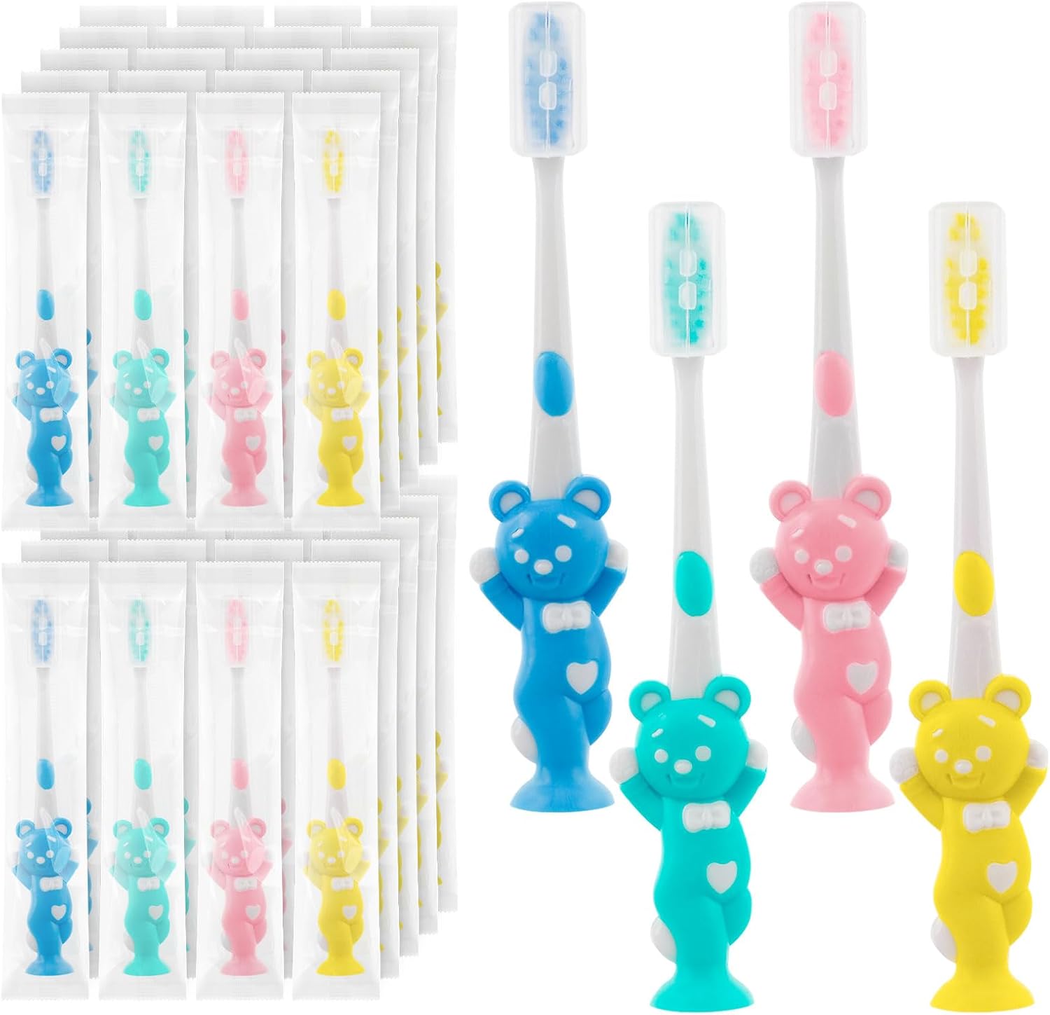 Toothbrushes for Kids In Bulk, Individually Wrapped Disposable Toothbrush Cute Manual Soft Bristles Children Toothbrush With Cover Suction Cup Toddler Toiletries Set for Home/School/Travel (40 Pack)