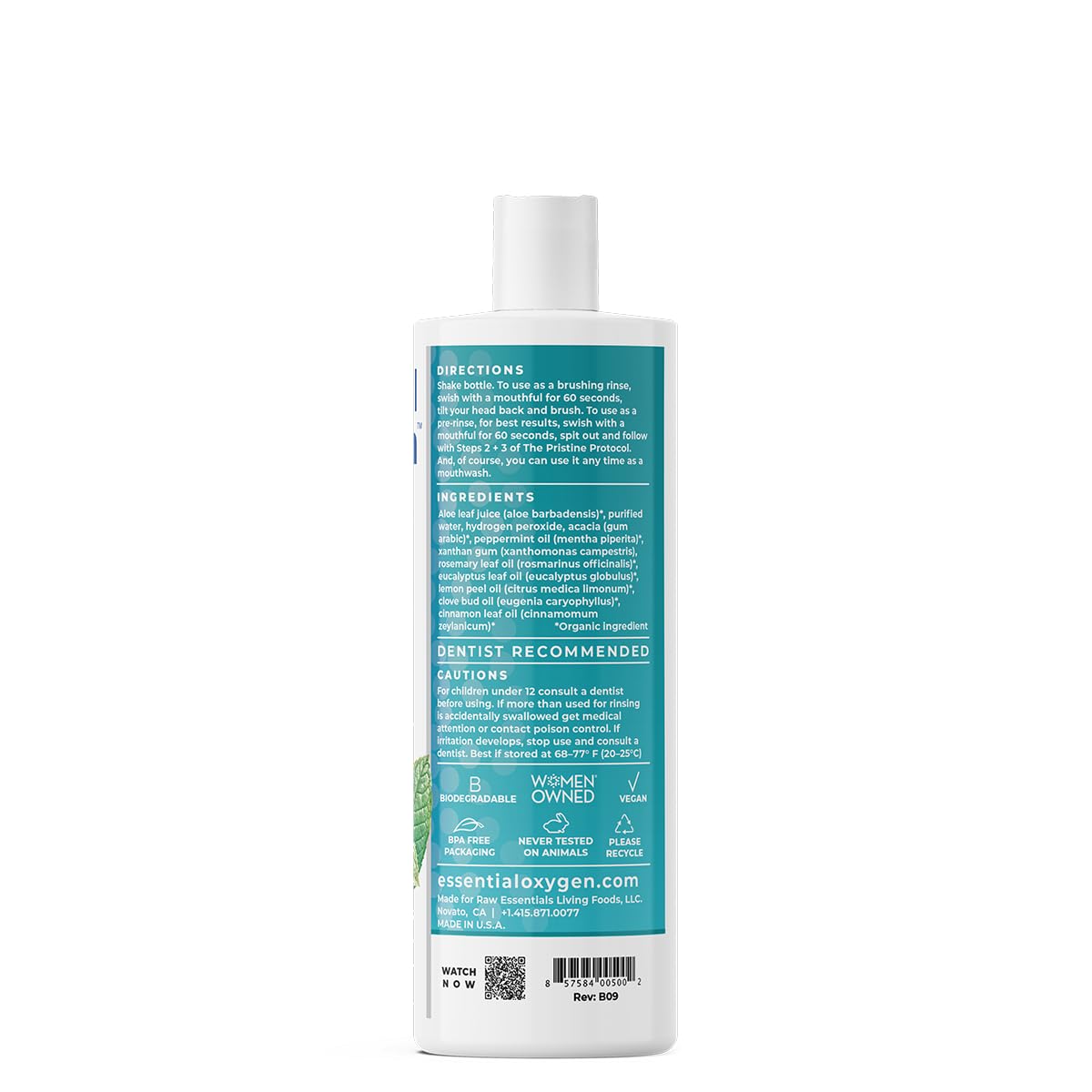 Essential Oxygen Certified BR Organic Brushing Rinse, All Natural Mouthwash for Whiter Teeth, Fresher Breath, and Happier Gums, Alcohol-Free Oral Care, Peppermint, 16 Ounce, Package may vary
