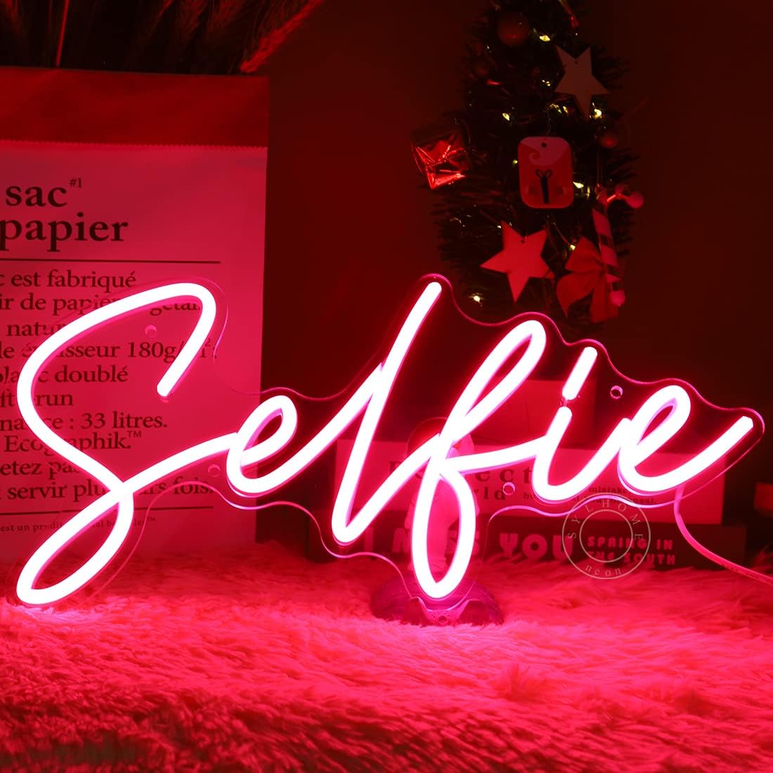 SYLHOME Selfie Pink LED Neon Light Sign Cute Makeup Girls Bedroom Light Up Mirror Wall Decor Sign Photo Studio Boys Kids Room Birthday Party Decor USB 15.2" X 7.1"