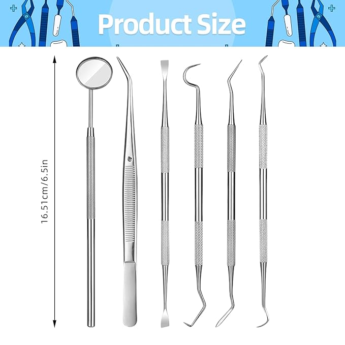 6 Pcs Dental Tools Set, Stainless Steel Teeth Cleaning Tools with Case, Including Dental Mirror, Plaque Tartar Remover for Teeth, Tweezers, Probe, and Pick Scaler for Oral Care