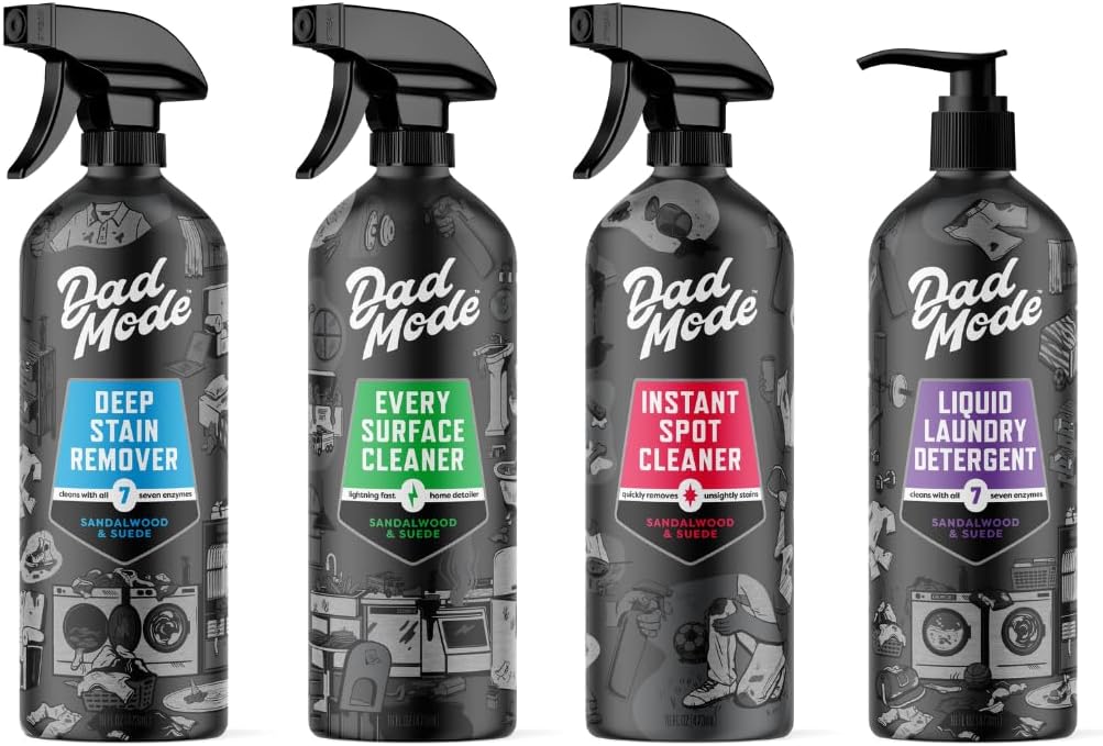 DadMode Maximum Strength Cleaning Set for Busy Families - 7 Enzyme Stain Remover, Surface Cleaner, Laundry Detergent, Carpet Cleaner - Sandalwood & Suede, 64 oz