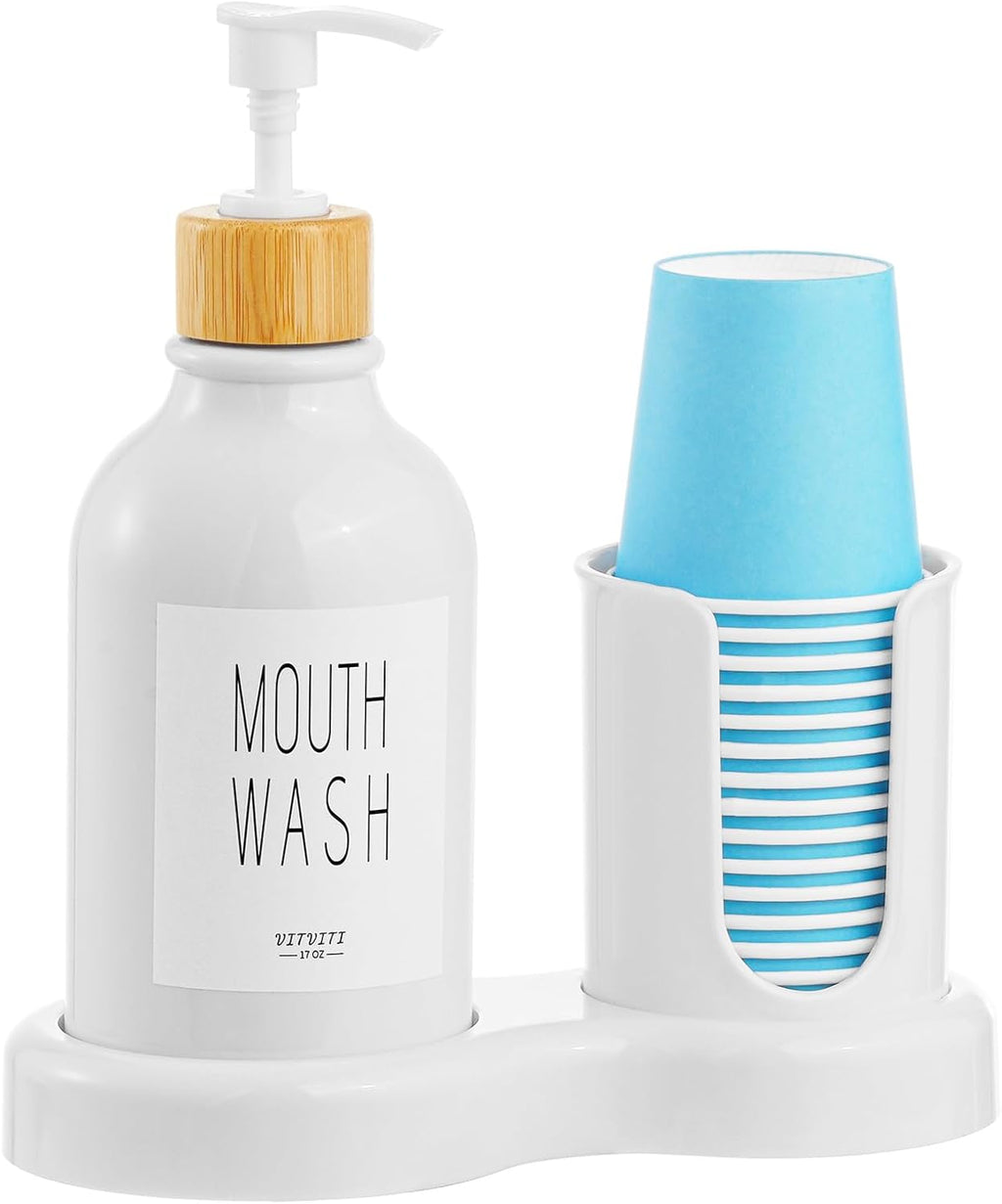 VITVITI Mouthwash Dispenser for Bathroom, Mouth Wash Dispenser Container with Paper Cup Holder, 17OZ Plastic Refillable Pump Mouthwash Bottle Decanter with Tray (White)