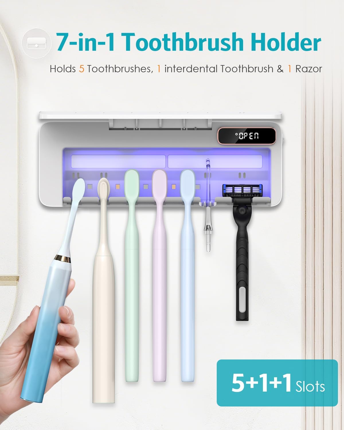 UV Toothbrush Cleaner Holder, Temracha Toothbrush Holders for Bathrooms, 5+1+1 Slots Tooth Brush Shaver Cleaner and Holder, Rechargeable Cordless Wall Mounted with Heating Functions, No Drilling