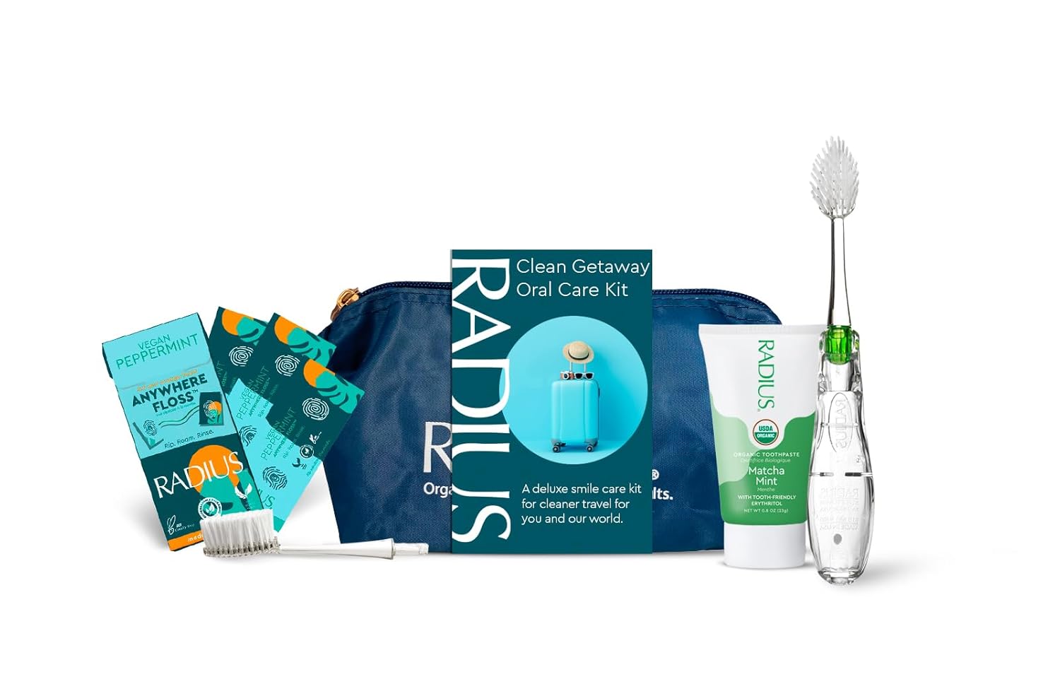 RADIUS Clean Getaway Deluxe Oral Care Gift Set (Tour Toothbrush With Replacement Head, Organic Matcha Mint Toothpaste, 0.8oz, Biodegradable Silk Travel Floss, Blue Travel Bag), 1 Count