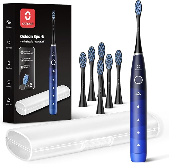 Oclean Electric Toothbrush for Adults, 150 Days Battery Life Electric Toothbrush, USB Rechargeable Sonic Travel Toothbrush with 6 Brush Heads & Travel Case, 5 Modes and Smart Timer