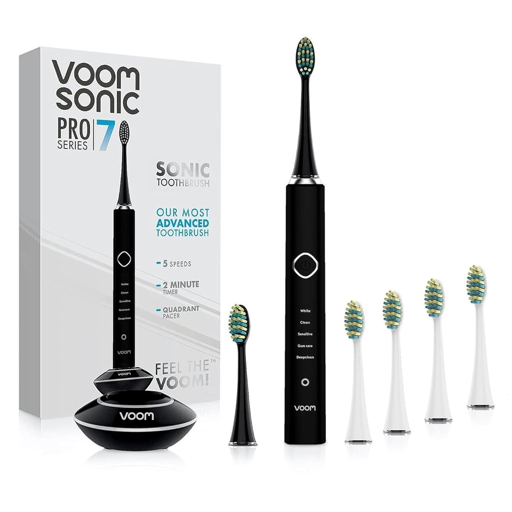 Voom Sonic Pro 7 Rechargeable Electronic Toothbrush + Pro 7 Series Replacement Brush Heads - 2-Minute Timer with Quadrant Pacing & 5 Adjustable Speeds,Soft Dupont Nylon Bristles Oral Care - Black