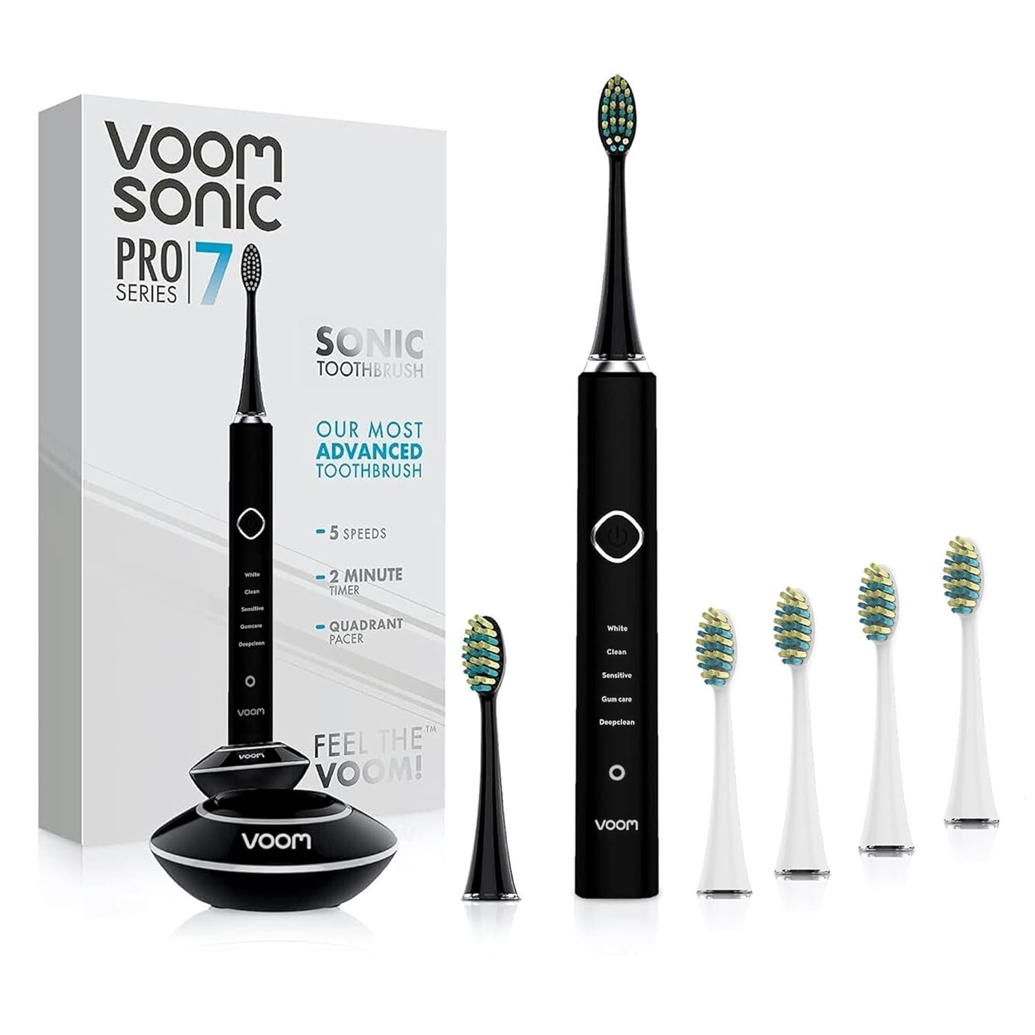 Voom Sonic Pro 7 Rechargeable Electronic Toothbrush + Pro 7 Series Replacement Brush Heads - 2-Minute Timer with Quadrant Pacing & 5 Adjustable Speeds,Soft Dupont Nylon Bristles Oral Care - Black