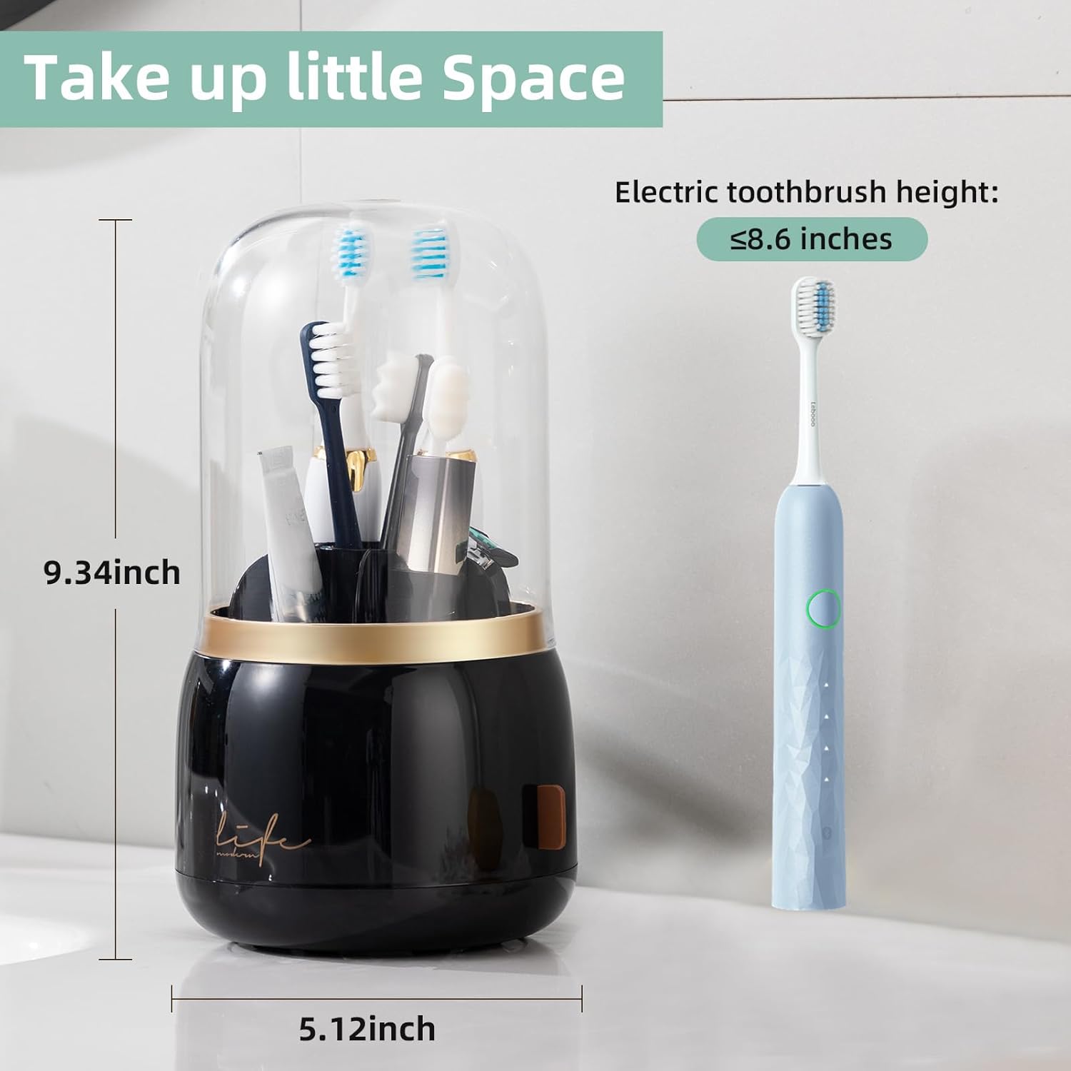 Toothbrush Holders for Bathrooms, Rotating 7 Slots Electric Toothbrush Holders with Cover, Countertop Toothpaste Organizers (Black)