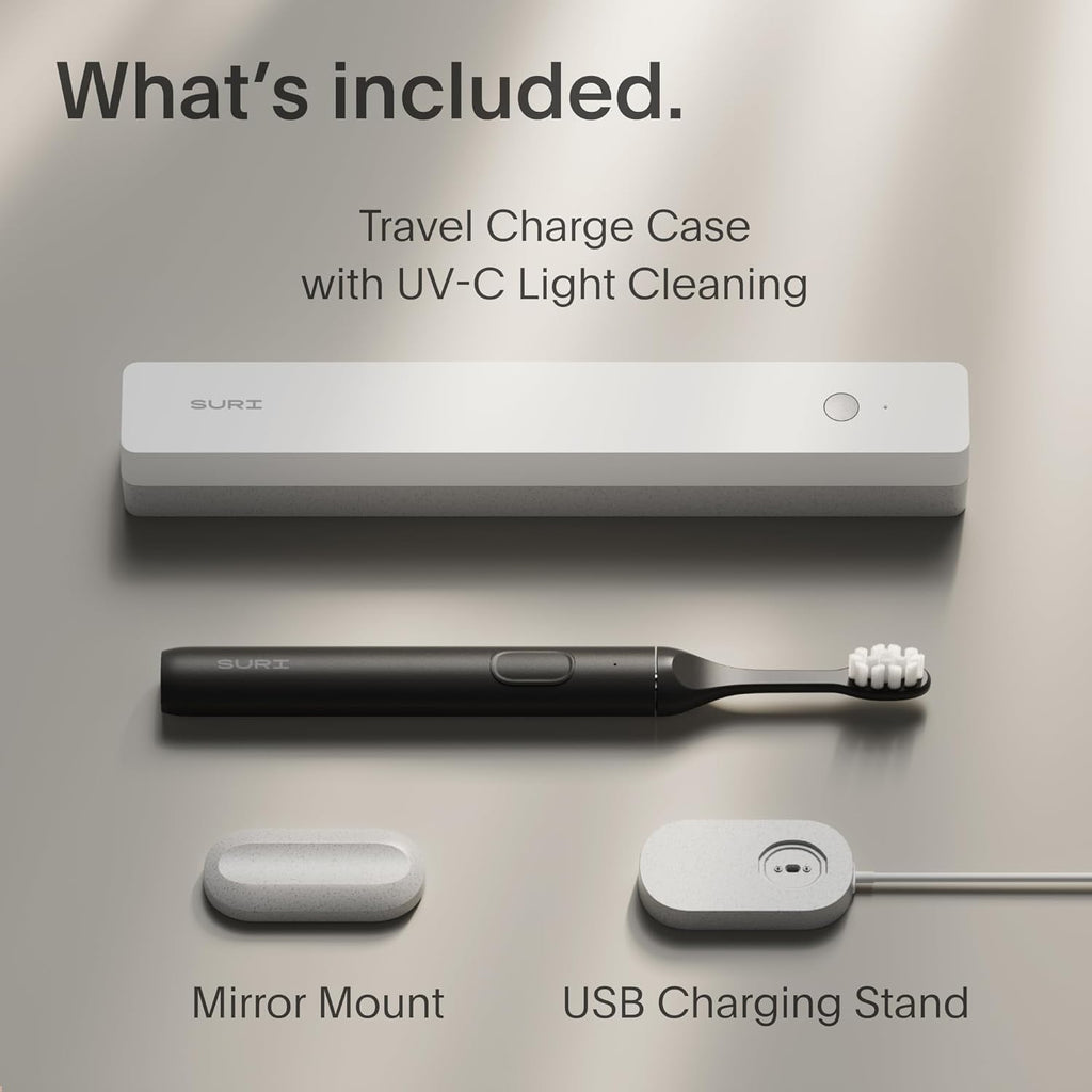 SURI 1.0 Sonic Electric Toothbrush with UV Cleaning Travel Case |1 Month+ Battery | Designed in California | Electric Toothbrush for Adults | Travel Toothbrushes | Tooth Brush | Black