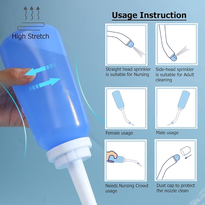 Handheld Personal Bidet Bottle, Bottle for Gentle Postpartum Care and Cleansing, Feminine Care， Personal Perineum Cleansing, 350Ml Portable Travel Bidet（Blue）, Resistant to 100ºC, Bonus Bag