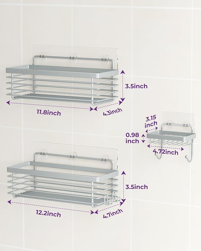 ODesign Shower Caddy 3 Pack SUS304 Stainless Steel-No Drilling-Shower Bathroom Shelves Rack,Rustproof Wall Mounted,Adhesive Shower Shelf Basket Organizer-Grey