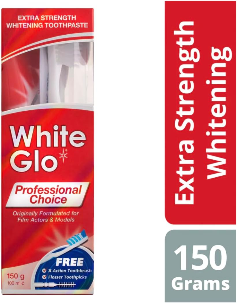 White Glo Professional Choice Extra Strength Whitening Toothpaste 100 ml & Toothbrush (with Sanitral 50 Pcs Dental Floss Stick Included as a Gift)