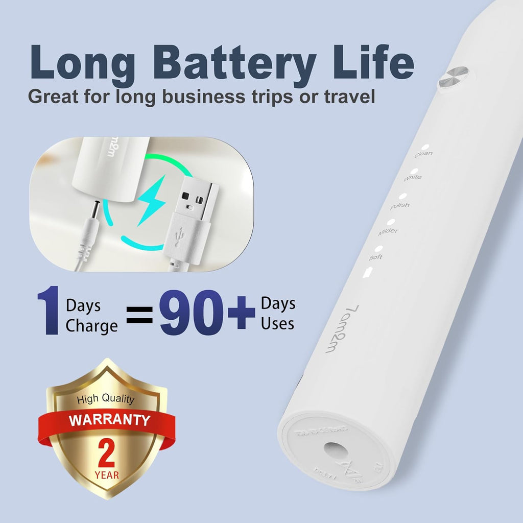 7AM2M Sonic Electric Toothbrush for Adults and Kids, with 8 Brush Heads and Travel Case,5 Modes with 2 Minutes Build in Smart Timer, One Charge Use for 90 Days, Rechargeable Toothbrushes(White)