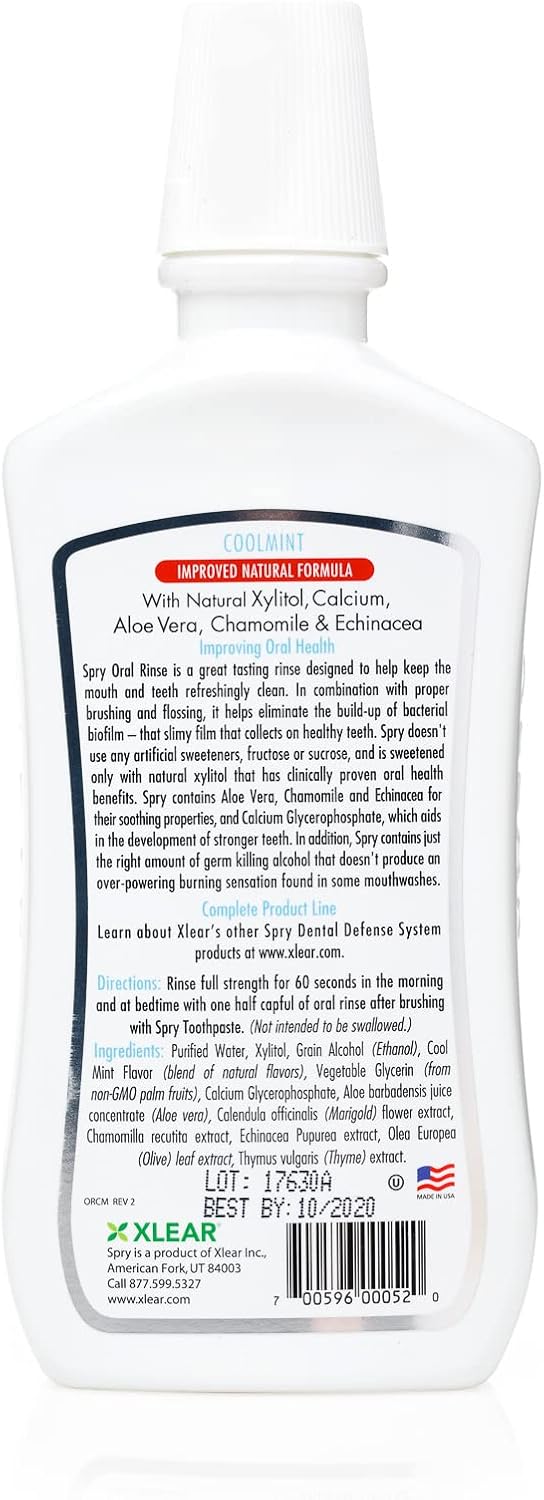 Spry Natural Xylitol Mouthwash Fluoride Free with Enamel Support, Gentle Alcohol Oral Rinse, Non-GMO, Coolmint - 16 fl oz (Pack of 2)