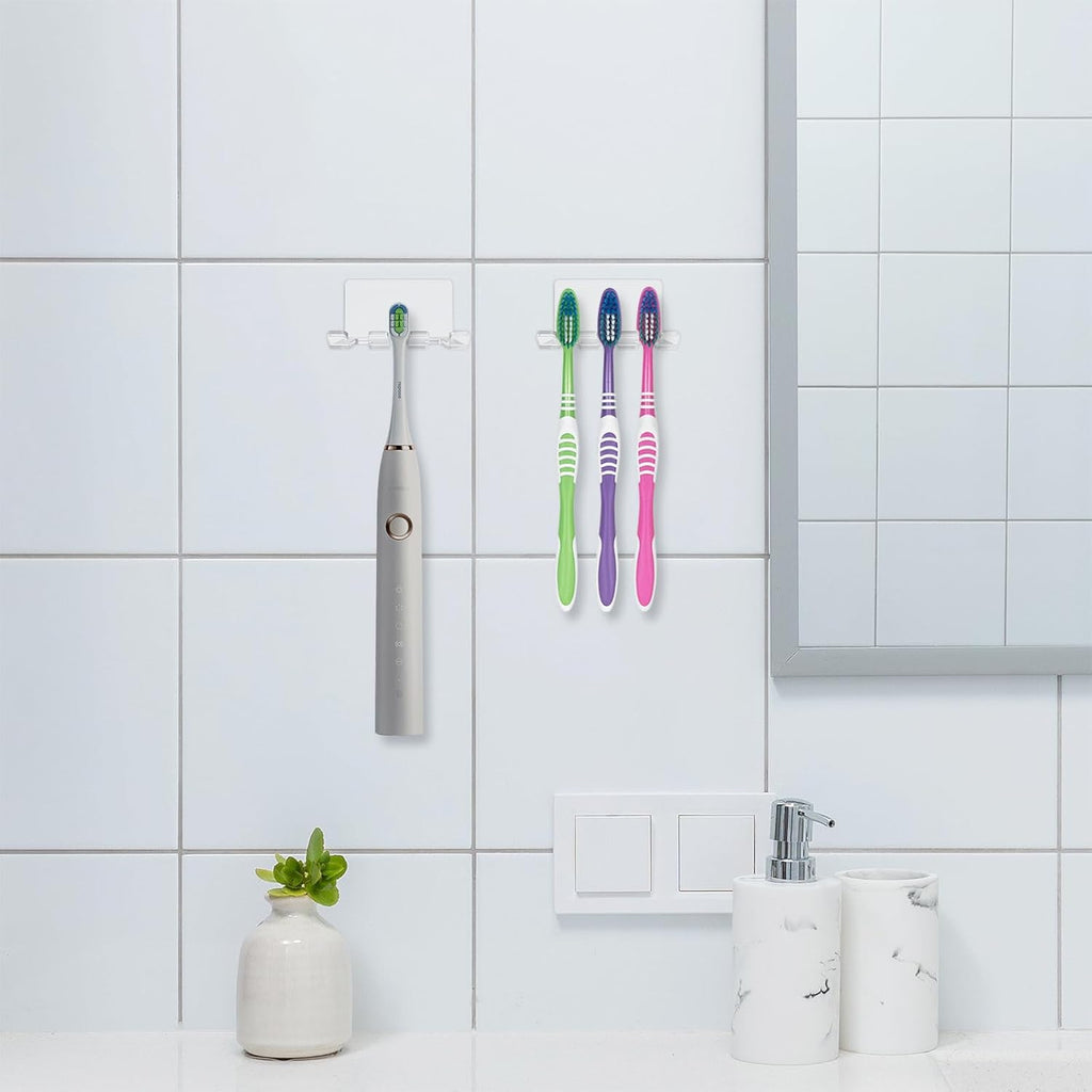 2 Pack Self Adhesive Toothbrush Holders Wall Mounted, 3 Slots Electric Toothbrush Organizer for Shower, Multipurpose Rack Hanger for Power Plug, Razor, Key(Clear)