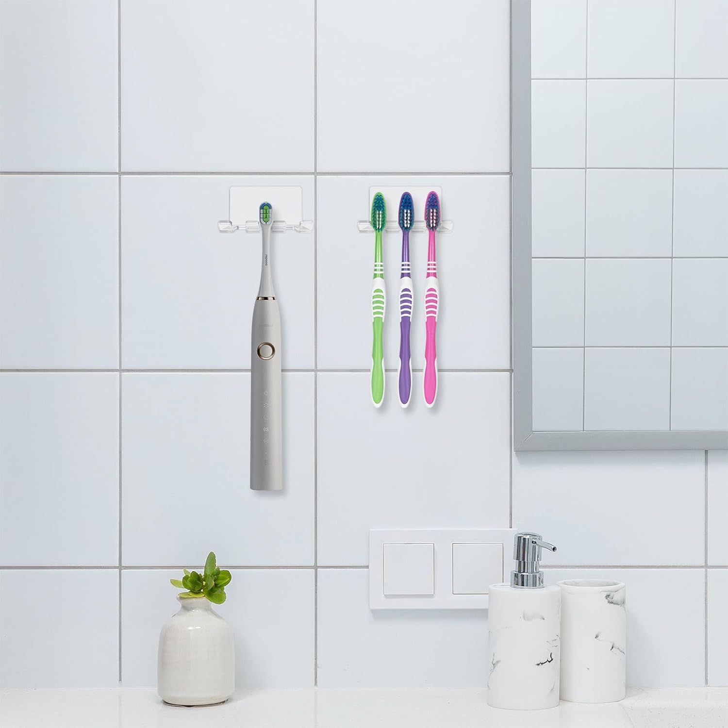2 Pack Self Adhesive Toothbrush Holders Wall Mounted, 3 Slots Electric Toothbrush Organizer for Shower, Multipurpose Rack Hanger for Power Plug, Razor, Key(Clear)