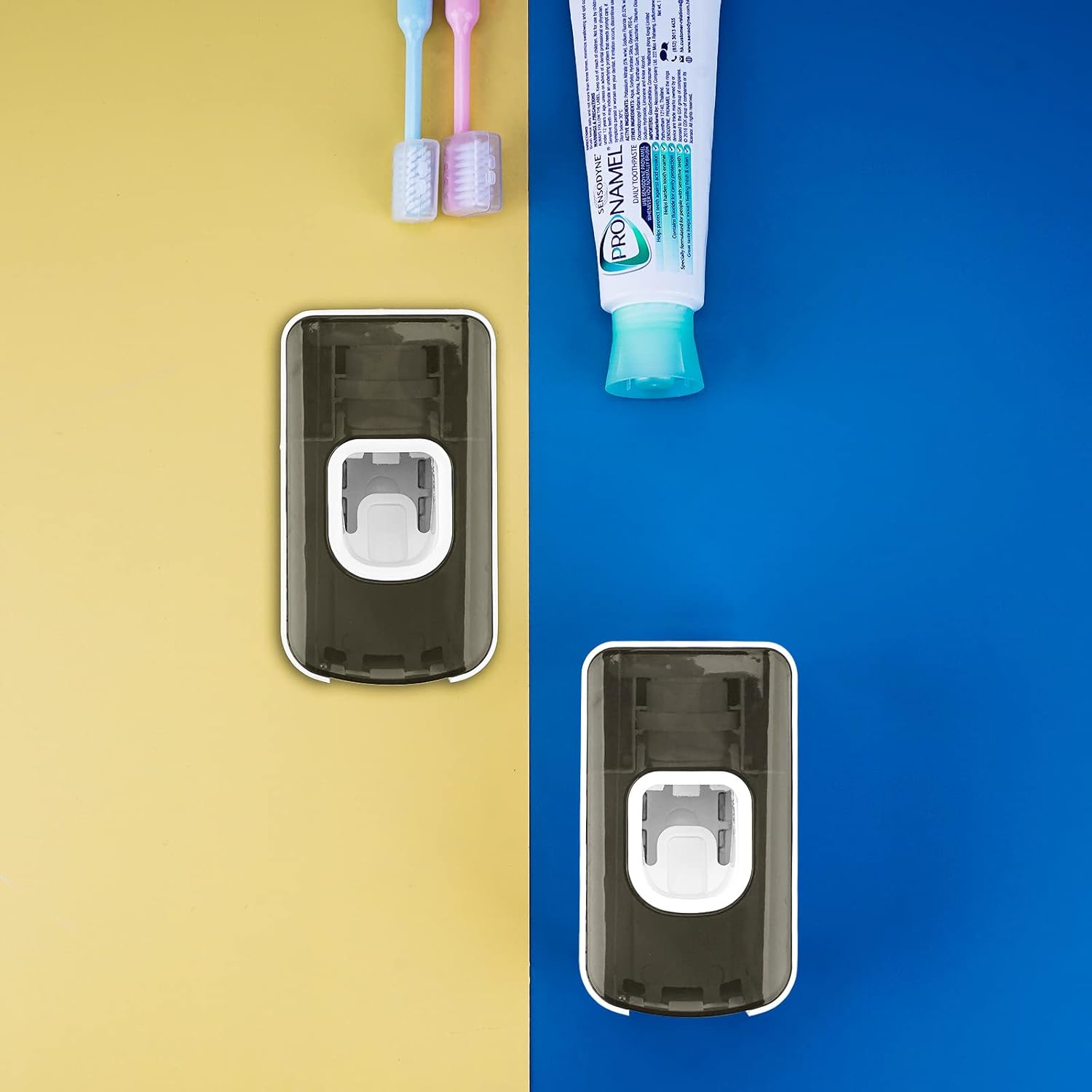 2 Slot Toothbrush Holder and Toothpaste Dispenser Wall Mounted, Automatic Toothpaste Squeezer, 2 in 1 Tooth Brush Toothpaste Organizer for Shower (Grey)