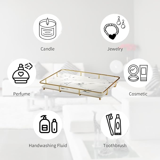 Vanity Tray Makeup Organizer Cosmetics Storage Bathroom Skincare Organizer Countertop Display Rack in Dresser Stainless Steel Shelf Marble Print Ceramic Trays