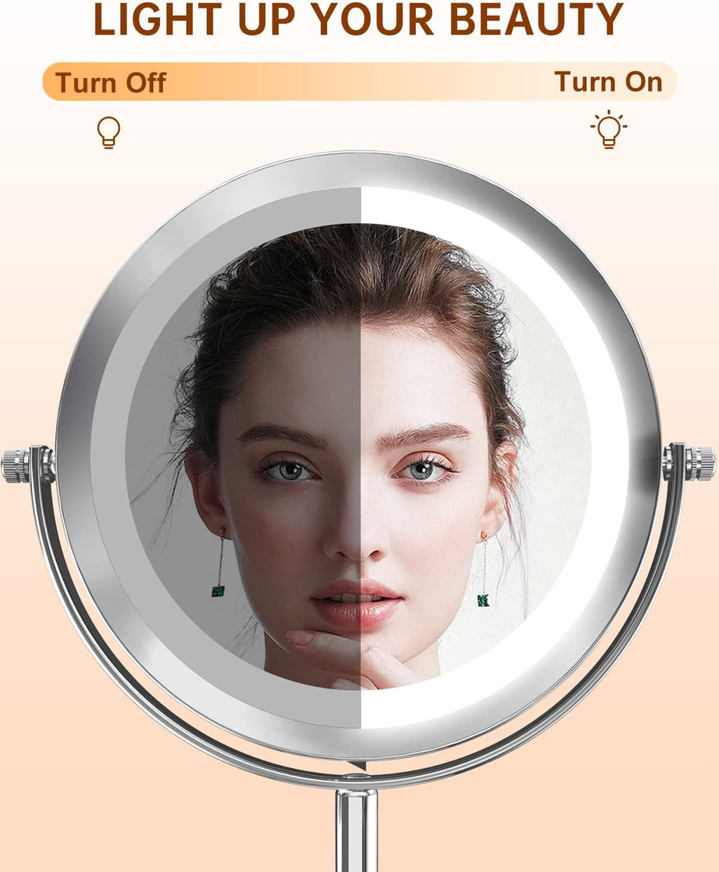 1X/10x Magnified Lighted Makeup Mirror Double Sided Round Magnifying Mirror Standing 360 Degree Swivel Vanity Mirror Battery Operated 7 Inch Diameter Shaving Bathroom Mirror