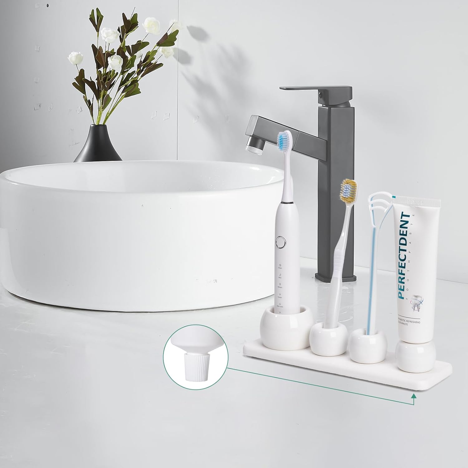 4 Pack Mini Ceramic Toothbrush Holder Stand with 1 Pack Water Absorbing Stone for Bathroom Vanity Countertop, Electric Toothbrush Organizer, White