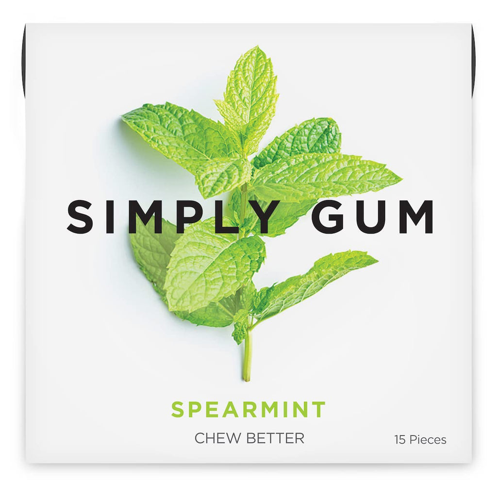SIMPLY Gum Spearmint, Plastic-Free Natural Chewing Gum, 6 Pack (90 Pieces) | Vegan, Kosher, Non GMO, Aspartame Free and Sorbitol Free