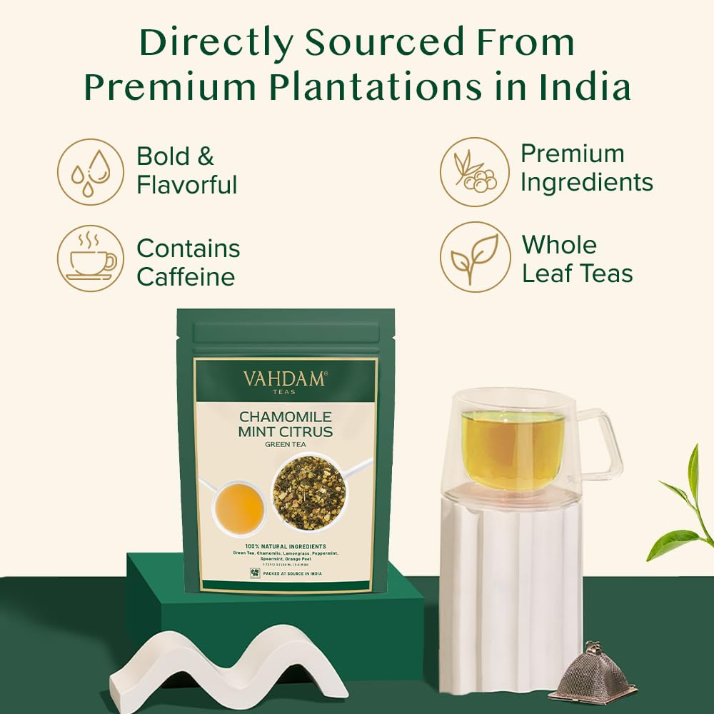 VAHDAM, Chamomile Mint Citrus Green Tea Leaves (50+ Cups, 3.5 oz) Essential Herbs | Green Tea Leaves, Chamomile, Peppermint, Spearmint, Orange Peels, Lemongrass | High Elevation Grown | Vacuum Sealed