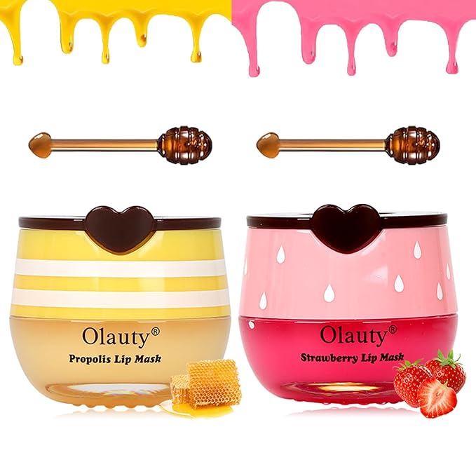 Bee Lip Balm Honey Pot, 2 PCS Strawberry & Honey Masks, Hydrating Prevention for Dry and Cracked Lips, Scrubs Exfoliator, Sleep Mask Reduces Lines, Exfoliating BeeLip Balm Sleeping Mask