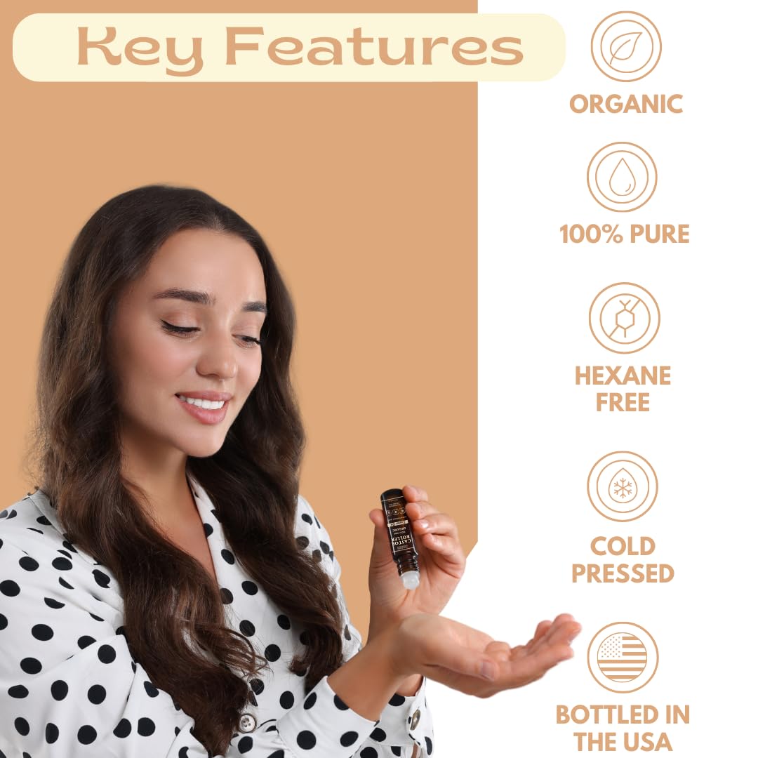 100% Organic Castor Oil Roll On For Eyebrows, Lips, Under Eyes, Eyelashes, Cuticles - Mess Free Roller Ball - Certified Organic, Cold Pressed, Hexane Free - Travel Sized Glass Bottle