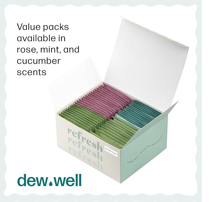 Dew Well Deodorant Wipes - On-the-Go Travel Deodorant - Fresh Mint, Rose & Cucumber Scents Body Wipes for Women - Aluminum, Paraben & Sulfate Free Mini Toiletries - 50 Count, Mint/Rose/Cucumber