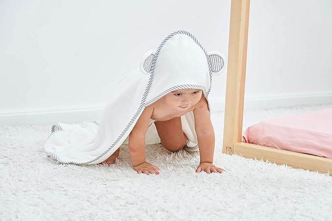 HIPHOP PANDA Hooded Towel - Rayon Made from Bamboo, Bath Towel with Bear Ears for Newborn, Babie, Toddler, Infant - Absorbent Large Baby Towel - White, 37.5 x 37.5 Inch