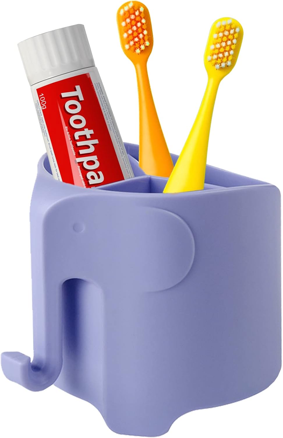 RyanLemon Elephant Toothbrush Holder for Kids, Suction Cup Electric Toothbrush and Toothpaste Holder for Toddler, Cute Toddler Toothbrush Holder with 3 Slots and a Hook for Hanging Bath Ball, Purple